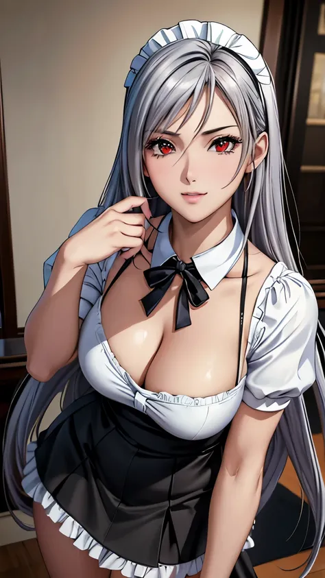 red eyes, (highest quality, masterpiece絵画:1.3), mature woman, 26 years old, (half body shot), masterpiece, ultra high resolution, (Photoreal:1.0), silver hair、straight hair, beautiful shiny hair, white and shining skin, ((Ultra realistic details)), octane ...