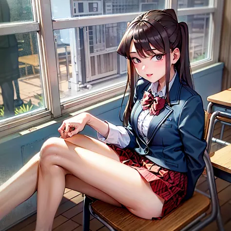 komiShouko, masterpiece, best quality, absurdres, 1girl, looking at viewer, v arms, pantyhose, classroom, school uniform, red skirt, red bow, blazer, window, sitting, chair, crowd,crossing legs,medium thighs.