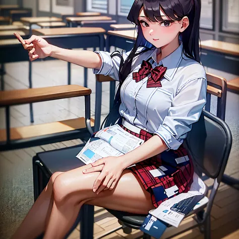 komiShouko, masterpiece, best quality, absurdres, 1girl, looking at viewer, v arms, pantyhose, classroom, school uniform, red skirt, red bow, blazer, window, sitting, chair, crowd,crossing legs,medium thighs.