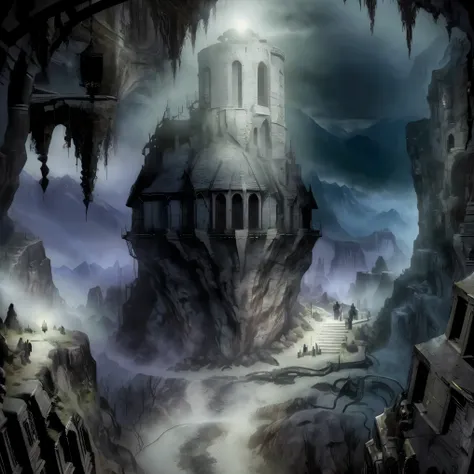 (monster dungeon),lair,(mine),rock,crystal,(endless darkness),towering mountains,ups and downs,view from the edge of the cliff,t...