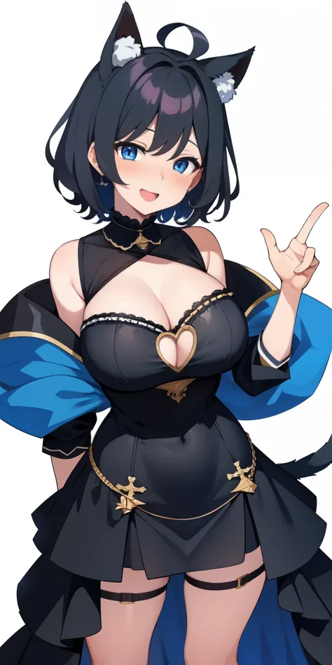 on lap,((((upright)))), ((((stand up)))), looking at the viewer, simple background、white background, 1 girl, open your mouth, smile, Virtual YouTuber、with a girl、((highest quality, expensive_solve, clear_image)),(black hair), (black cat ears), (Ahoge), (ri...