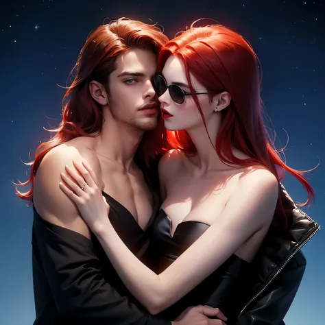 man with red hair, blue eyes, wear sunglasses, shaved beard, and a black suit. Hug and kiss a woman with long red hair, blue eyes, red lipstick, Wearing a strapless top and a night background with stars floating in the sky. Make your face perfect. Details ...