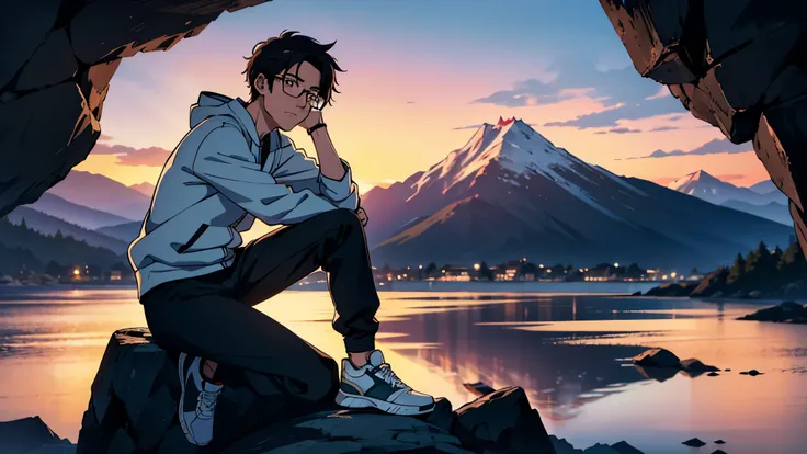 twilight time of day, japanese anime style, 1 man , single man, 30 years old, tanned skin tone, wearing glasses, spiky hair, wearing a fitted black and white varsity jacket, blue joggers, black color sports shoes, climbing a small mountain with greenery , ...