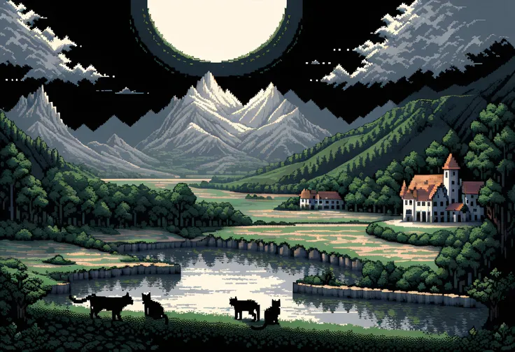 (pixel art of medieval countryside landscape:1.3), (16 bit:1.3), (point:1.3), highlight point, cat work through the natural ligh...