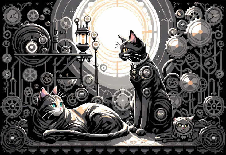 (steampunk cat pixel art:1.3), (16 bit:1.3), (point:1.3), highlight point, Cat work through the natural light of the sunset, Professionally rendered precision, Each piece is rendered with intricate detail and rich color., sense and depth、and breathtaking r...