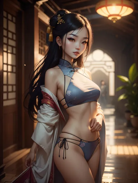 soft_light, (((soft lighting, Masterpiece portrait of Asian goth beauty wearing Cheongsam|bikini))), long hair, standing in A cozy small garden pool of an ancient Alhambra building, Persia-inspired, colorful pillows, and carpets, by Greg Rutkowski dynamic ...