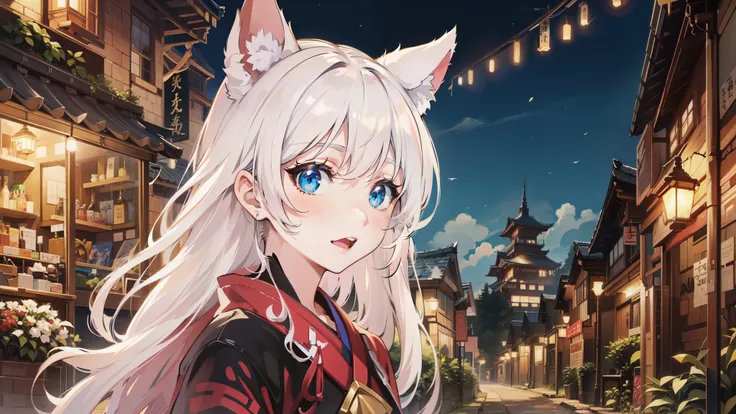 Anime girl with long white hair and blue eyes on the street, anime style 4k, anime art wallpaper 8k, anime art wallpaper 4k, anime art wallpaper 4k, anime wallpaper 4k, anime wallpaper 4k, beautiful anime cat girl, anime girl with cat ears, white cat girl,...