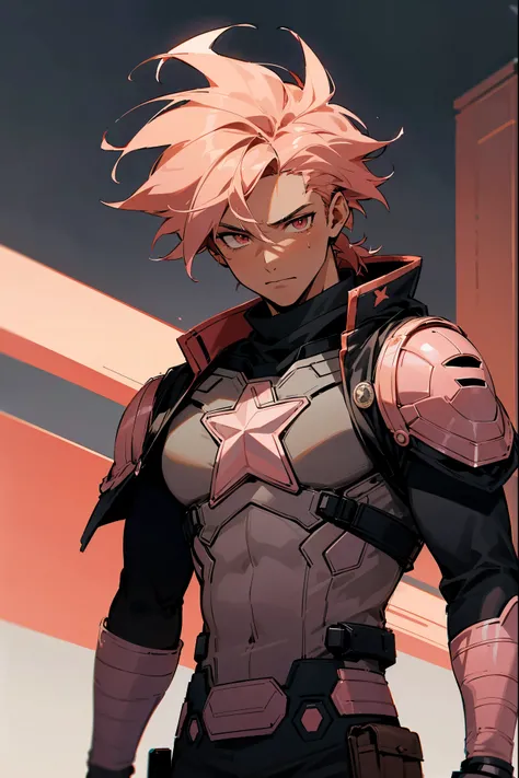 adult male, adult, Brown Skin , Messy Hair , Spiky Hair , Short Spiky Ponytail , Salmon Pink Hair , Salmon Pink Eyes , Black Military Combat Clothing with a white star system on the chest , Black Captain America Shield held on arm , Modern City Background ...