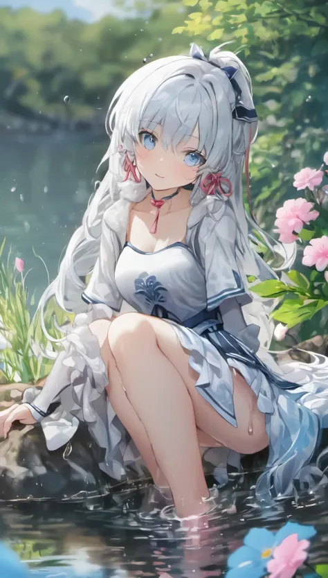 ayaka, Wet, soaking, (Best quality,4K,8K,A high resolution,tmasterpiece:1.2),ultra - detailed,(actual,realistically,realistically:1.37), White hair, huge booolossal title blue eyes, White lace nightdress，in pink，dampness，Sitting on a rock by the lake，facin...