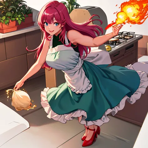 lacus4, (woman holding a steaming flavored egg bomb, apron, red heels, detailed hands, 4K, Best Quality, Realistic style: 1.0, curious expression, (kitchen, bright lighting), High resolution, lacus4), 1girl, Solo, (curvy figure, dressed in an apron), holdi...