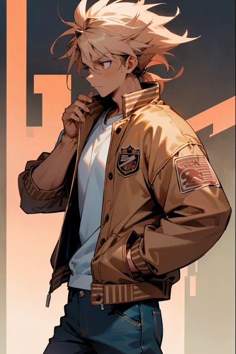 adult male, adult, Brown Skin , dark skin, Messy Hair , Spiky Hair , Short Spiky Ponytail , Salmon Pink Hair , Salmon Pink Eyes ,(((Brown Letterman Jacket))) , ((brown jacket)), letterman, sports jacket, White T-Shirt , Blue Jeans , Modern City Background ...