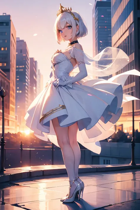 Hyperrealistic, 4k, Tsunako style, Date a Live, Tobiichi Origami, white glowing astral dress, with long embroided white stockings, with white wedding shoes with high heels and golden borders, white neck with a white ribbon and golden borders, a golden crow...