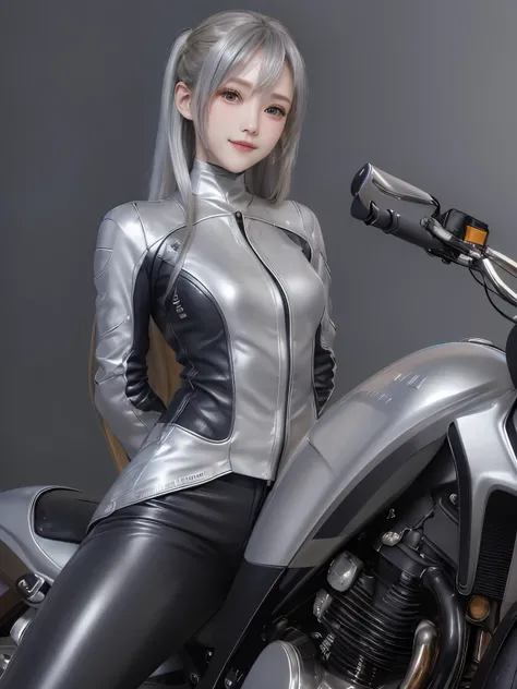 ((highest quality)), ((masterpiece)), (detailed motorcycle), perfect face、Accurate five-fingered hands、double eyelids、small face、realistic skin texture、full body shot、long legs、Beauty、((silver rider suit and pants))、smile、slender body、Moist eyes、((riding a...