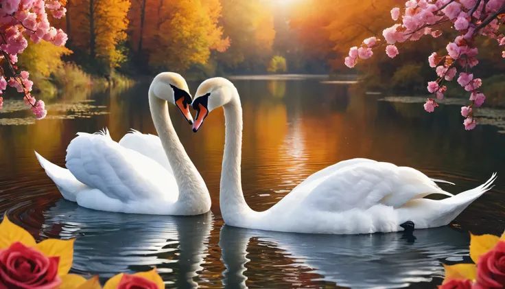 a couple of swans making a heart shape in autumn lake,beautiful swan,stylized swan,romantic scene,heart shape,morning daylight,autumn lake,(best quality,4k,8k,highres,masterpiece:1.2),spring scenery,blossoming rose flowers,vibrant colors,serene atmosphere)