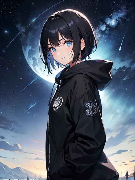 16-year-old girl，short black hair，blue eyes，Good facial features，There is light in the eyes，Solid black hooded sweatshirt，Smile，Pockets for both hands，Stand on the street，Night starry sky scenery，Meteor passing by