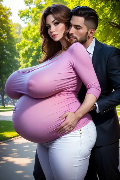 A 35 years old woman, devotedly kissing a handsome man in the park, the woman has a face like Victoria Principal, wearing a wide maternity blouse, business trousers, extremely huge saggy breast, (pregnant belly), (full person view, from head to toe)