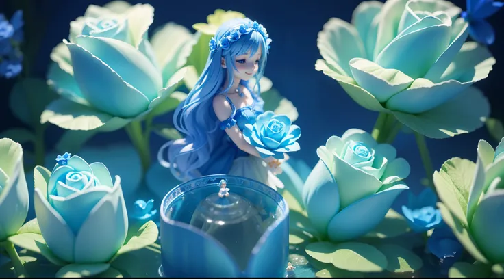 Magic garden miniature scene, delicate blue rose flower、A softly shining blue rose、Illuminated by happy smiling miniatures. 8K Autorealist,blue garden、girl water fairy、、3 heads and bodies、facing backwards