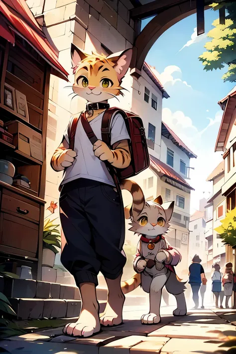 Detailed Picture Quality, Feline anthropomorphic, Mid-size cat figure, Strolling leisurely, Low sunlight, Brown fur with white patches, Eyes shining with intelligence, Pink nose and paw pads, White whiskers and collar, Long and bushy tail, Delicate paw pri...