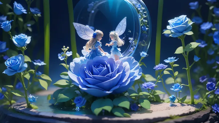 Magic garden miniature scene, delicate blue rose flower、A softly shining blue rose、Illuminated by happy smiling miniatures. 8K Autorealist,blue garden、girl water fairy、、3 heads and bodies、facing backwards