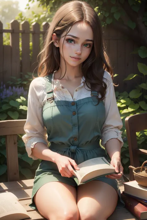 (highres:1.2,best quality,photorealistic),ultra-detailed(medium),super close-up on a beautiful woman with brown hair, sweet smile, detailed green eyes, and a bright gaze, wearing a soft green shirt and blue denim shorts, holding a book [relaxed, cozy atmos...