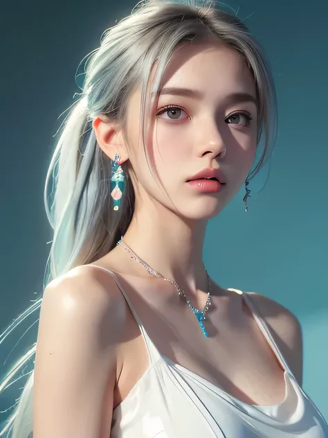 (masterpiece, highest quality:1.2), 8K, 85mm, Raw photo, confused, white and cyan theme, (liquid clothes, liquid dress:1.4), gray hair, gradient dress, delicate girl, Upper body, close your face, shiny skin, teen, looking at the viewer, HDR, sharp focus, p...