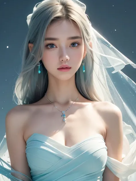 (masterpiece, highest quality:1.2), 8K, 85mm, Raw photo, confused, white and cyan theme, (liquid clothes, liquid dress:1.4), gray hair, gradient dress, delicate girl, Upper body, close your face, shiny skin, teen, looking at the viewer, HDR, sharp focus, p...