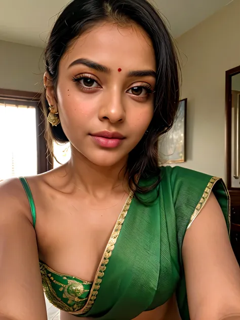 ((best quality)), ((masterpiece)), (detailed), perfect face,tamil 30 year woman in green saree,sexy