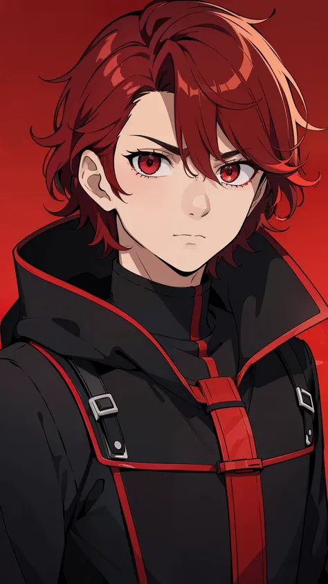 (high-quality, breathtaking),(expressive eyes, perfect face) 1male, male , solo, teenager, short hair length, wavy curly hair, messy hair, red hair color, multicolored hair, deep red eye color, black red background, black and red armor, corrupted theme , a...