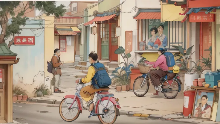 Floating population。bike。Peddler。The topic keyword is 1980s neighborhood，architecture and masterpieces。china street。This is an 80s neighborhood themed art painting，Reflect the colorful architectural styles and life scenes on the streets。Street vendors are ...