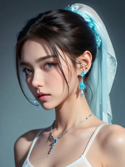 (masterpiece, highest quality:1.2), 8K, 85mm, Raw photo, confused, white and cyan theme, (liquid clothes, liquid dress:1.4), gray hair, gradient dress, delicate girl, Upper body, close your face, shiny skin, teen, looking at the viewer, HDR, sharp focus, p...