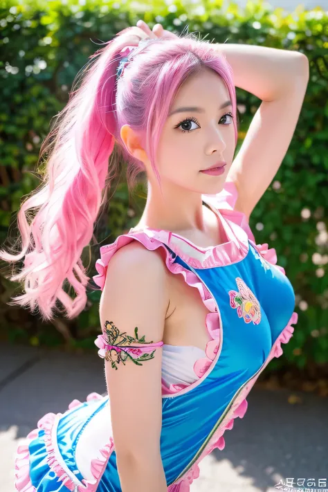 Asian,(Make your face precise),(super high quality),Pose that shows off your armpits,(Pose that shows off your armpits),(pink hair),(blue eyes),(plump lips),(sleeveless),whole body,(body suit),gloves,(pink costume),8K,(realistic),complex and detailed,(idol...