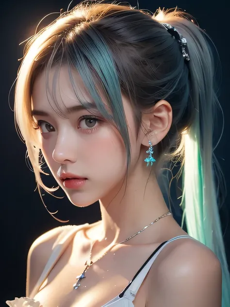 (masterpiece, highest quality:1.2), 8K, 85mm, Raw photo, confused, white and cyan theme, (liquid clothes, liquid dress:1.4), gray hair, gradient dress, delicate girl, Upper body, close your face, shiny skin, teen, looking at the viewer, HDR, sharp focus, p...