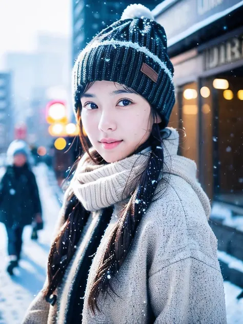 realistic, 32K full body portrait, Beautiful woman, attractive appearance, clear type, ponytail, 22 years ago,  winter, With Sapporo Station in the background、beautiful skin、strong wind、that&#39;It&#39;s snowing、Wearing a woolen hat