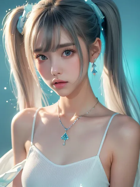 (masterpiece, highest quality:1.2), 8K, 85mm, Raw photo, confused, white and cyan theme, (liquid clothes, liquid dress:1.4), gray hair, gradient dress, delicate girl, Upper body, close your face, shiny skin, teen, looking at the viewer, HDR, sharp focus, p...