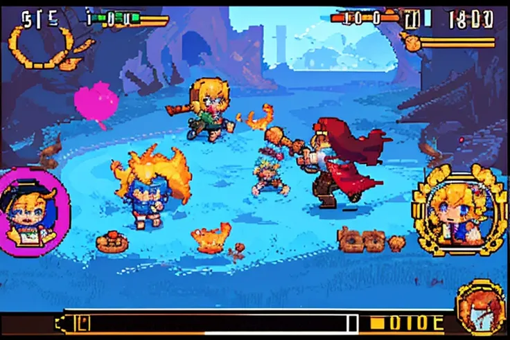 Pixel art, 8bit game, RPG, battle scene,