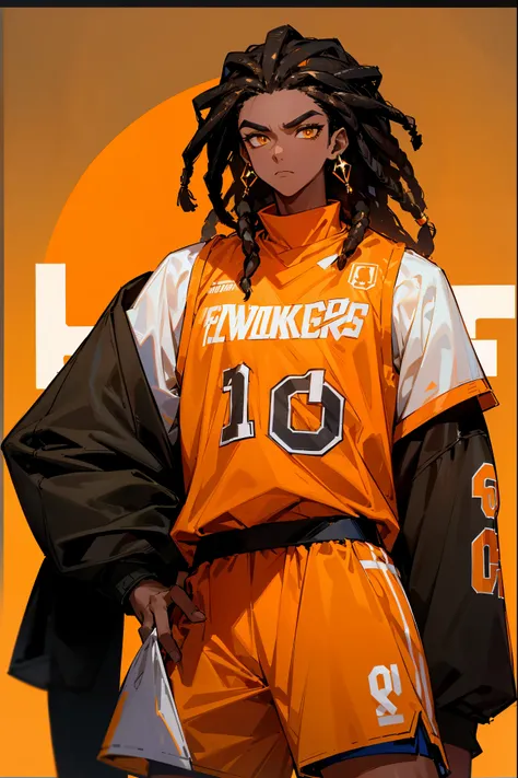 Dark Skin , Dreadlocks , black hair, Serious Expression , Yellow Eyes , White Longsleeve Turtleneck , ((white and orange Basketball Jersey)) Worn Over , Golden and Diamond Chains , Diamond Jewelry , Modern City Background , Standing On Sidewalk , Muscular,...