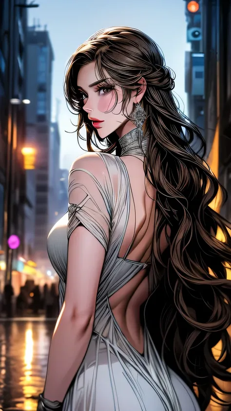 Photo of a 25 year old European girl posing, to be born, Beautiful woman, (super long wavy brown hair), ((portrait)), ((get used to it face:1.2)), ((get used to it facial features)), (finely get used to it skin), white skin, (White short dress), cyberpunk ...