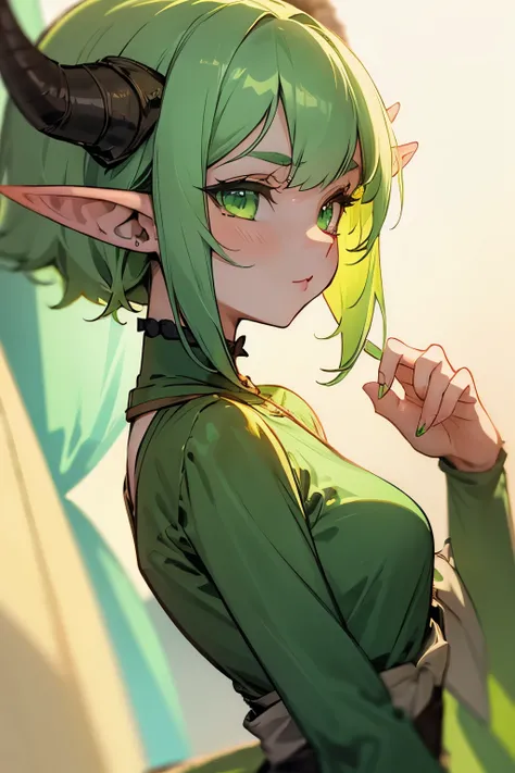 Cute girl, short light green hair, green eyes, horns, pointy ears, elf