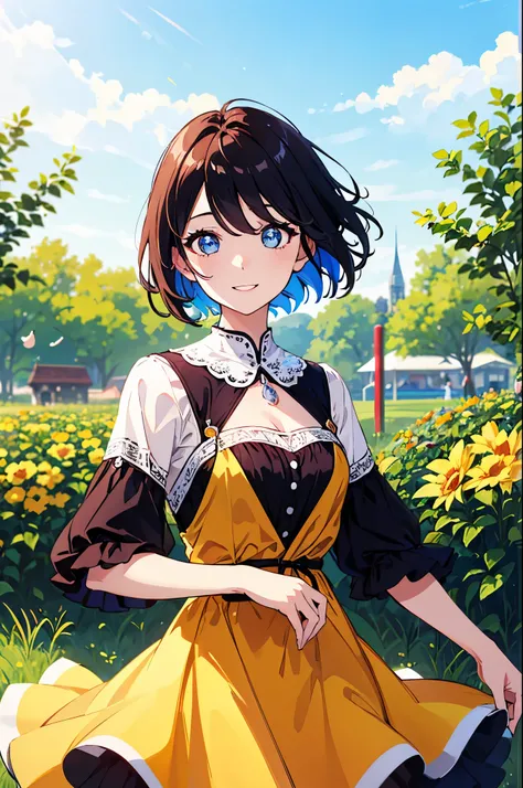 (best quality,highres:1.2),vibrant colors,flower garden,sunny day,summer,cheerful atmosphere,1girl,beautiful detailed eyes,long eyelashes,((dropping eyes,happy expression)),flowing hair,colorful dress,short hair,cowboy shot