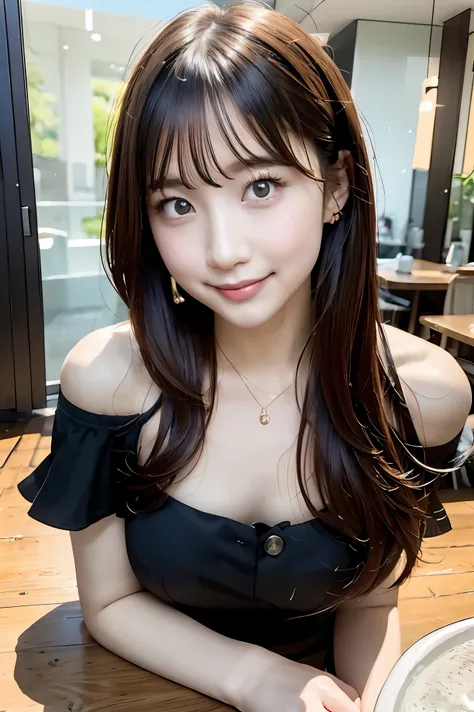 (table top, highest quality:1.5), realistic、Photoreal, full body photo, absurd, delicate body、mini dress、off shoulder、cute face, idol face, beautiful girl, The background is an intersection、looking at the viewer, outdoor、Many people commute、no makeup, (smi...