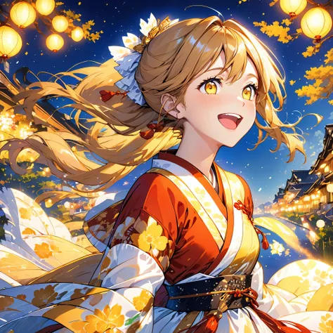 girl, flowing golden blonde hair, yellow eyes, golden royal outfit, neckline, Japanese cartoons, The background is a clear sky and twinkling lights, dynamic angle, arrogant laughter