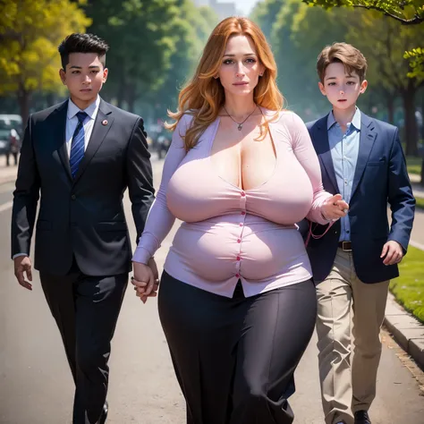 A 35 years old woman ((with a 8-years old boy at her hand)), walking in the park, the woman has a face like Julia Roberts, wearing a blouse with deep cleavage, business trousers, extremely huge saggy breast, (medium belly), (full person view, from head to ...