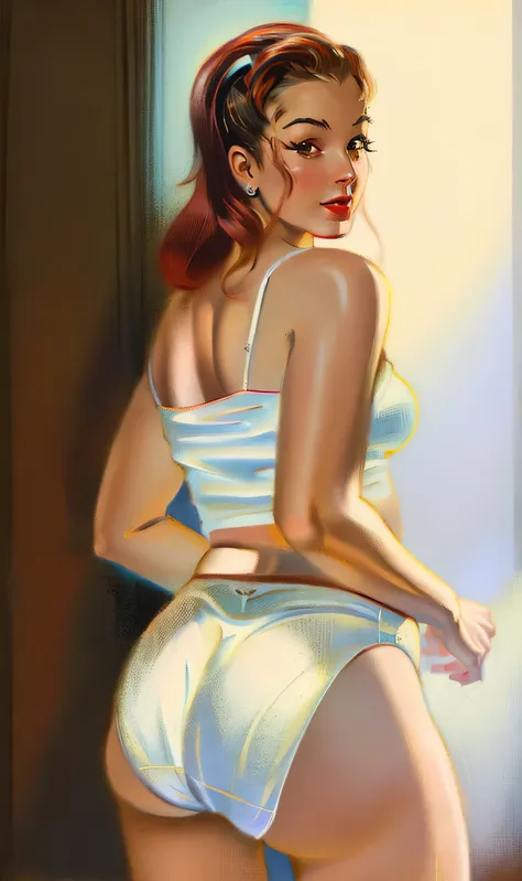 ((((masterpiece, best quality)))), ((33 year old)), (((Curvy))), ((Latina with long red hair)), in ((white tanktop)), ((white high cut fullback panties)), ((Large Hips)), ((Standing in a messy bathroom)), ((((realistic art style, 50s pinup art))))