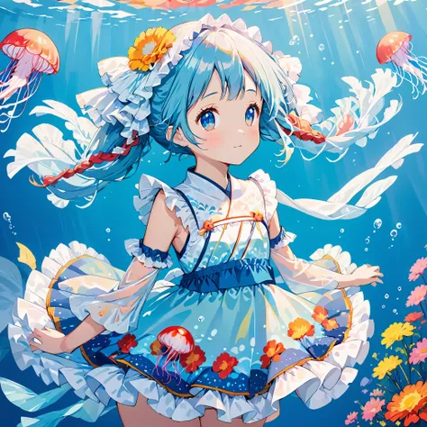 cute girl yes,flat chest,kawaii,(jellyfish girl:1.2), put your arms behind your back,underwater,frilly dress,