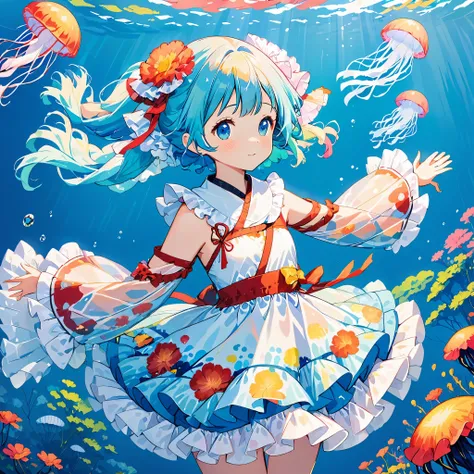 cute girl yes,flat chest,kawaii,(jellyfish girl:1.2), Put your arms behind your back,underwater,frilly dress,