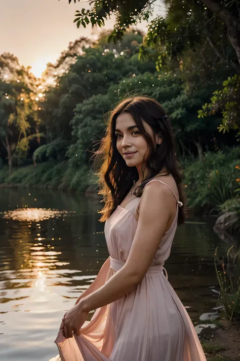 (Altas:1.2),retrato,mulher latina, 30 anos,longos cabelos loiros,hazelnut eyes,sorridente,caminhando em uma floresta com um lago,during a beautiful sunset,soft lighting,atmosfera serena,Natureza,majestic trees,brisa sutil,luscious greenery,calm water surfa...