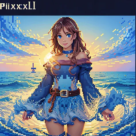 (Pixel art:1.5), sea and sunset dots, (masterpiece), (highest quality)