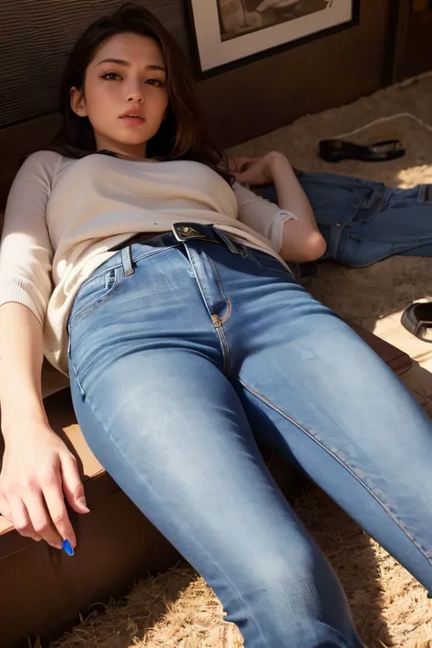 (wearing jeans salopette:1.3), Lie down on the grass, Overhead camera, sharp focus, handsome, skinny,professional lighting,city,rendered eyes,tall body,adult woman,hair ornament,instagram most viewed,official wallpaper, official art,(kpop idol), half-close...