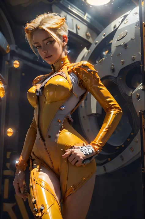 (((pixie cut hairstyle))) elegant (steampunk) slender athletic woman in a (((Spacestation))) , (detailed face), 1girl in shot, wide-angle, high angle, (wearing bright orange ((latex)) (((monokini spacesuit dress))) with white embroidery, white accent lines...