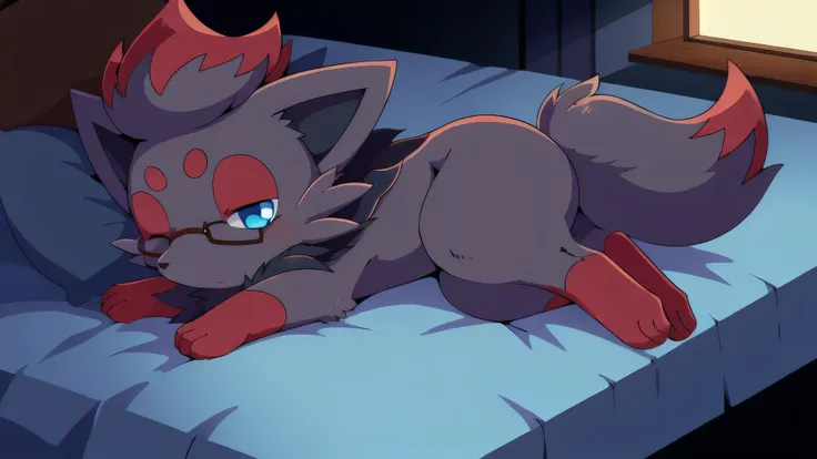 zorua, blue eyes,nerd_rectangle_black_glasses red hair, feral,masterpiece, high quality, anime style, full body, in bed, sleepin...